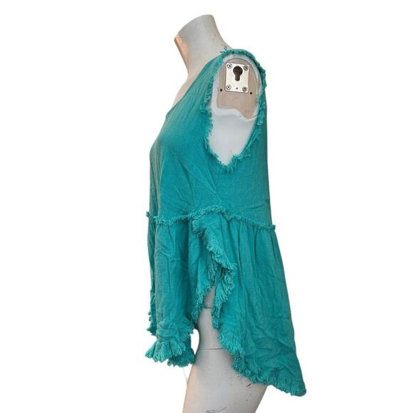 Umgee Small Linen Blend Teal Raw Hem Sleeveless Blouse Side Slits Relaxed Top - Picture 3 of 6